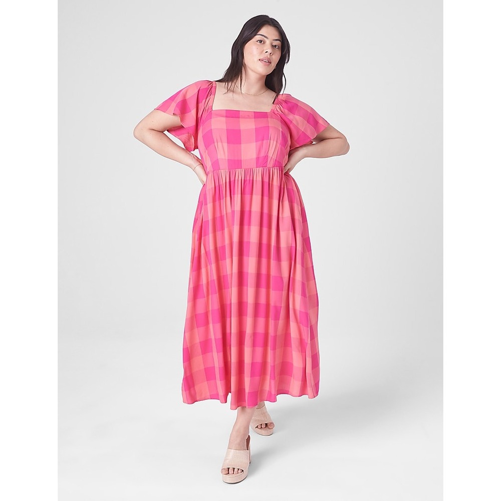 NWT Lane Bryant Pink Gingham Flutter Sleeve Tie-Back Maxi Dress Size 18